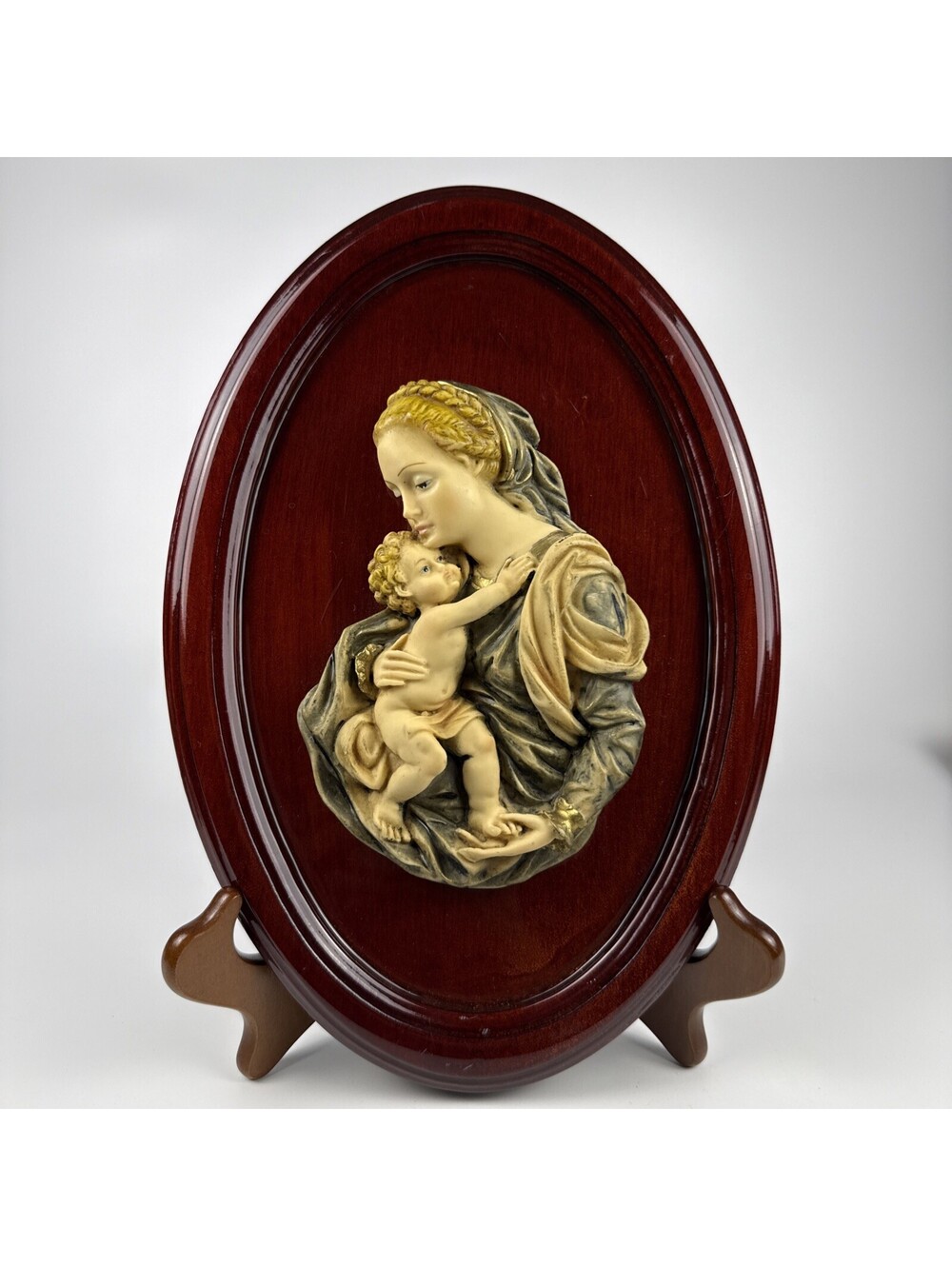 Antonio Borsato Madonna Child Wall Plaque Oval Wood Frame Italian 3D Vtg Italy